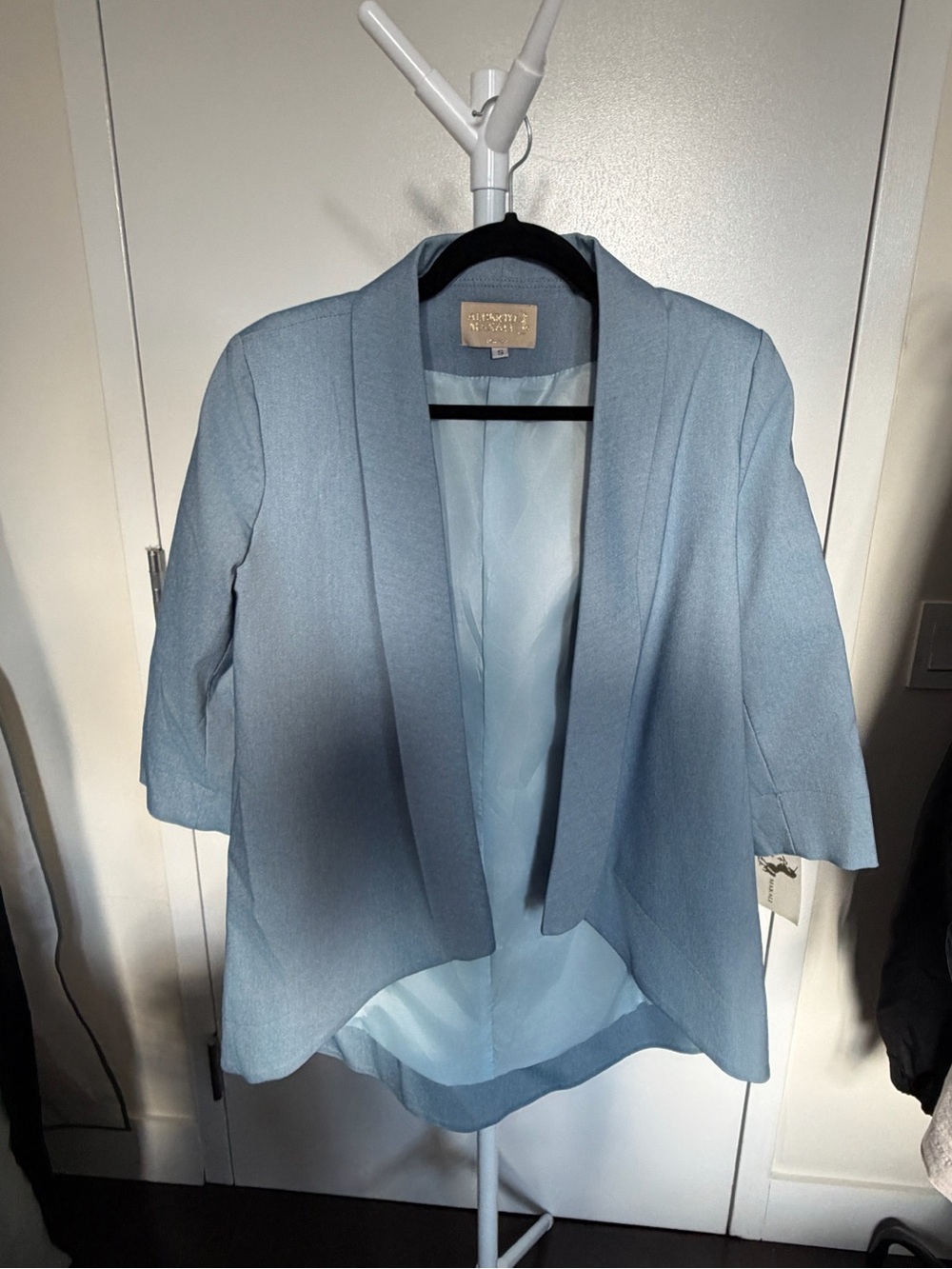 Alberto Makali Light Blue Open-Front Draped Blazer High Low
